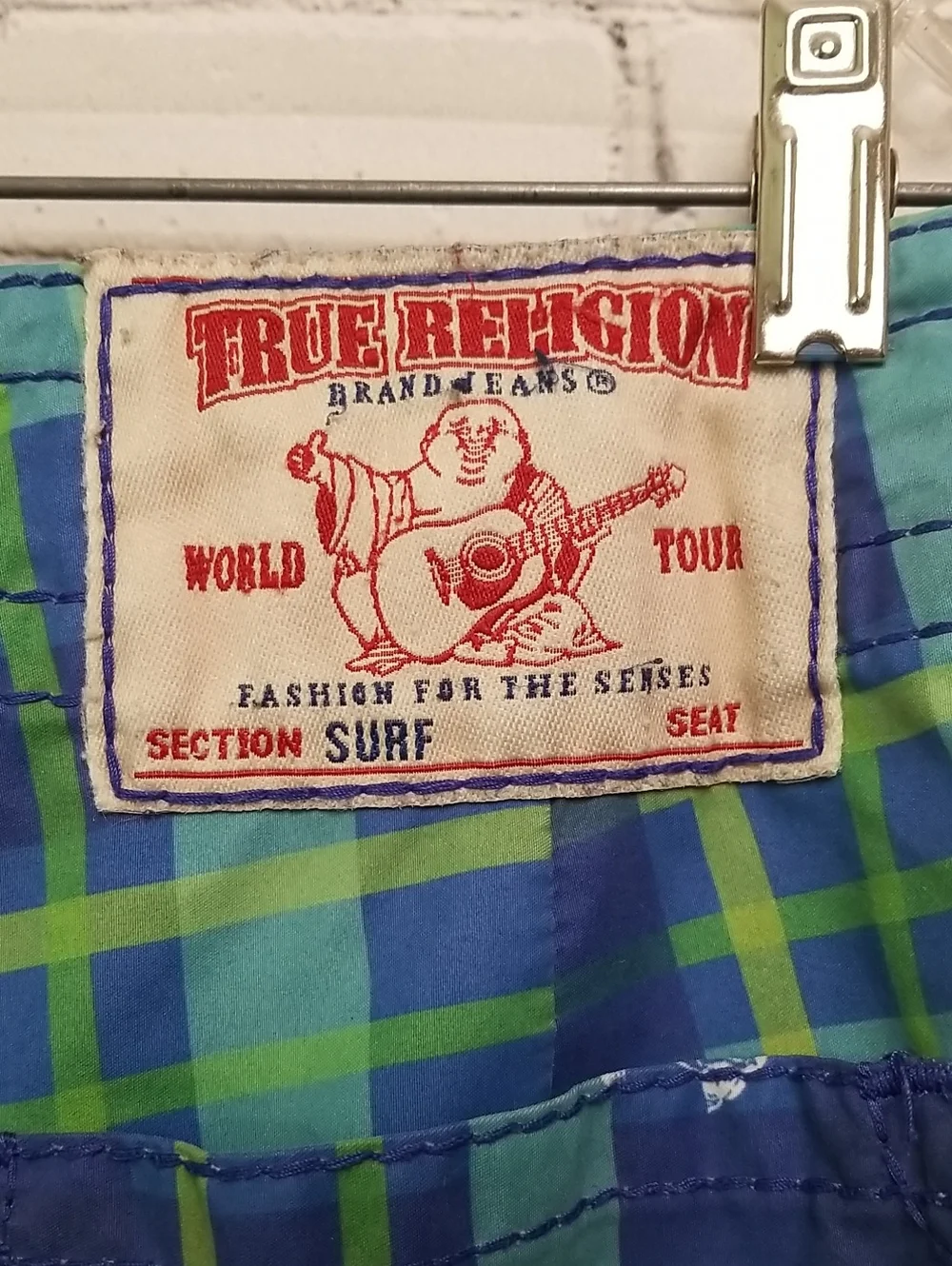 TRUE RELIGION mens board shorts size Small Blue/green plaid /Buddha/guitar EUC
